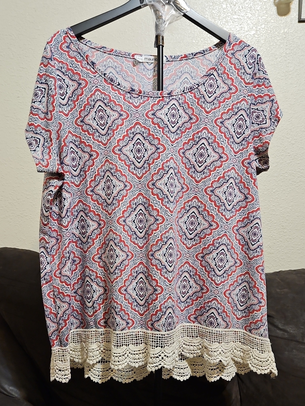 Maurices Red & Navy Patterned Crochet-Hem Women's Top